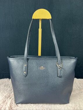 Coach City Zip Tote Crossgrain Leather Navy Blue Gold Hardware F22967 - EUC